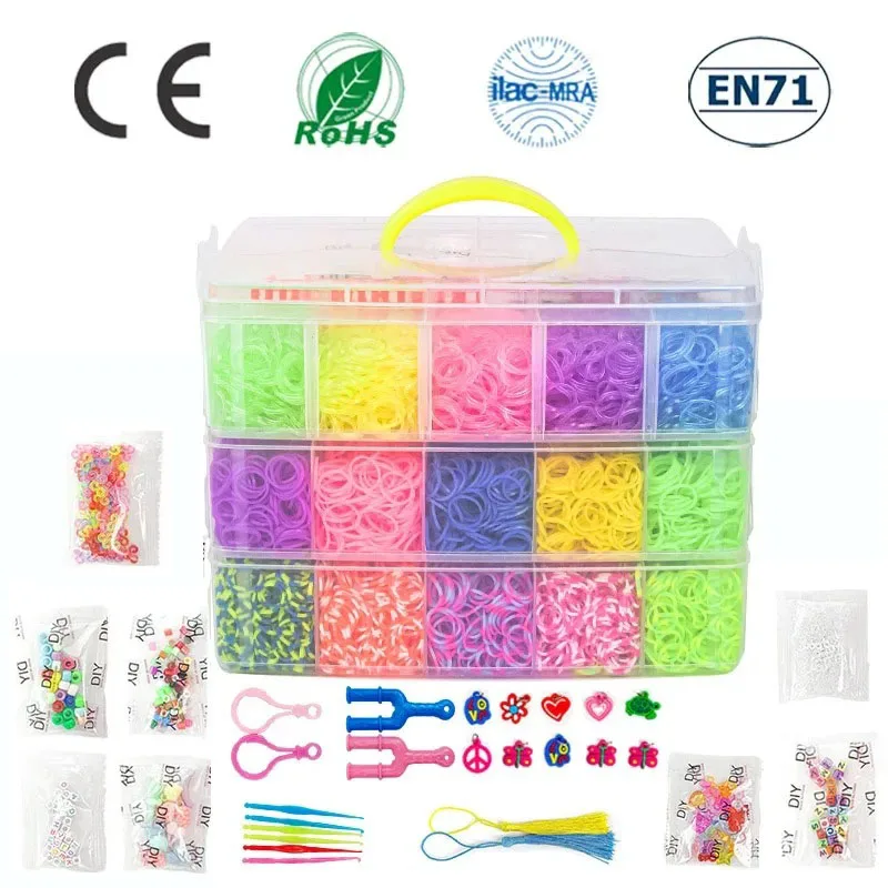 Juego de 15000 bandas de goma luminosas de arcoíris para rompecabezas para niños, banda de goma tejida a mano, telar de pulsera luminosa