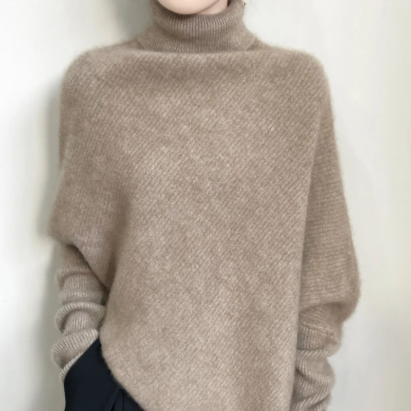 100% de lana merina para otoño e invierno, jersey con mangas de murciélago y cuello alto, prendas de punto de manga larga, Top cálido y elegante de Cachemira para mujer