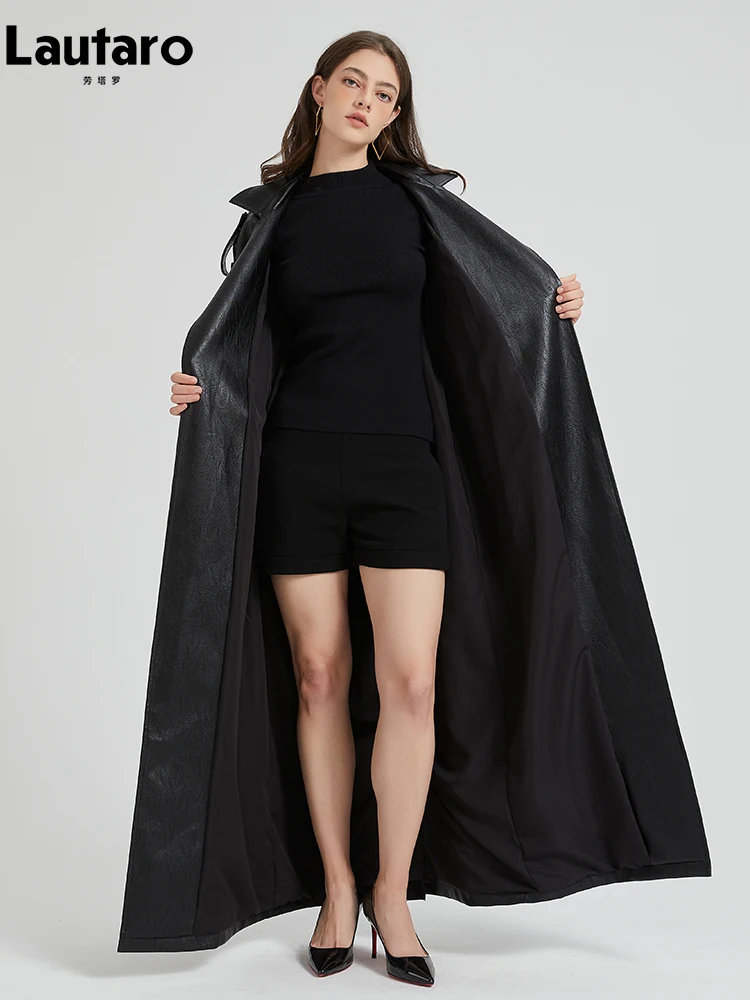 Lautaro primavera otoño Extra largo marrón Pu gabardina de cuero para mujer fajas abrigo elegante de lujo pasarela moda europea 2024