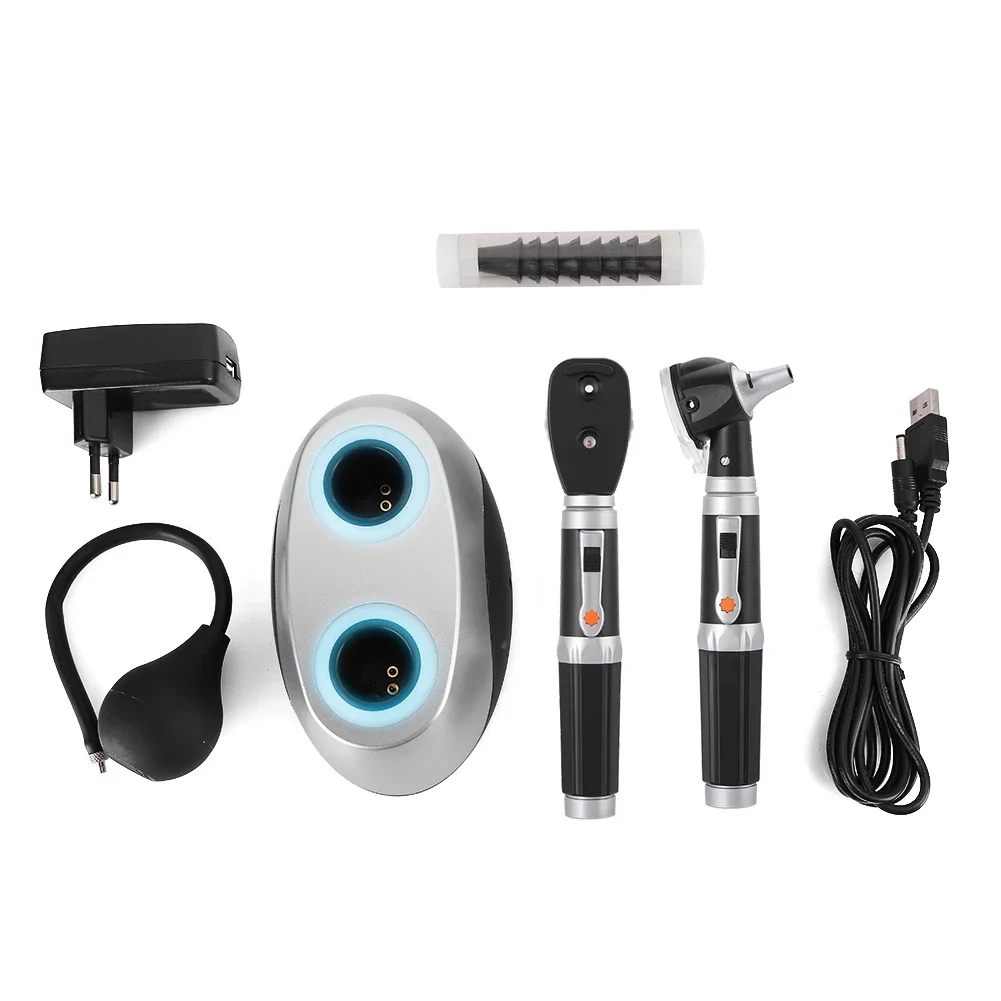 Dispositivos de limpieza de oídos para examen de ojos y oreja de doble orificio, Base recargable, oftalmoscopio de fibra óptica, Kit de herramientas otoscopio, enchufe europeo USB