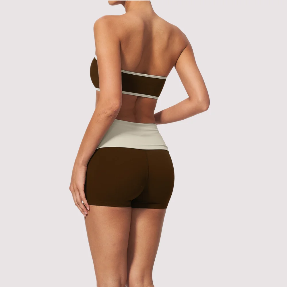 Ropa de Gimnasio, Conjunto Deportivo de 2 Piezas para Mujer, Traje Deportivo, Sujetador Deportivo sin Tirantes, Conjunto de Yoga, Pantalones Cortos con Cintura Plegable, Ropa Deportiva para Correr y Fitness
