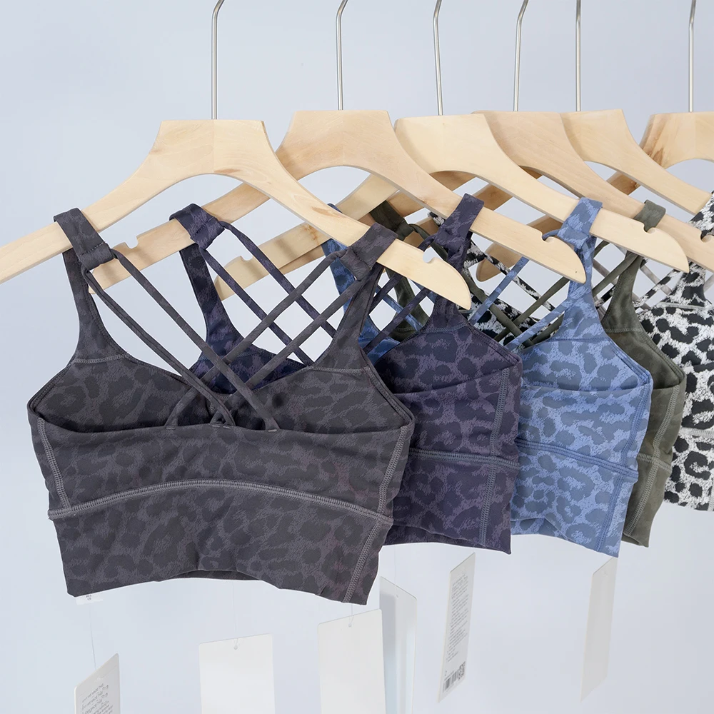 Sujetador deportivo con estampado de leopardo, chaleco de yoga europeo y americano, sujetador fijo con sensación desnuda, fitness que absorbe los golpes y parte de atrás bonita