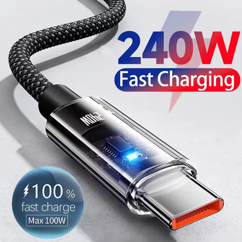 Cable de nailon de 240W, Cable de carga súper rápido USB tipo C para Samsung, Xiaomi, Huawei, Honor, pantalla Digital LED, Cable de datos de cargador rápido