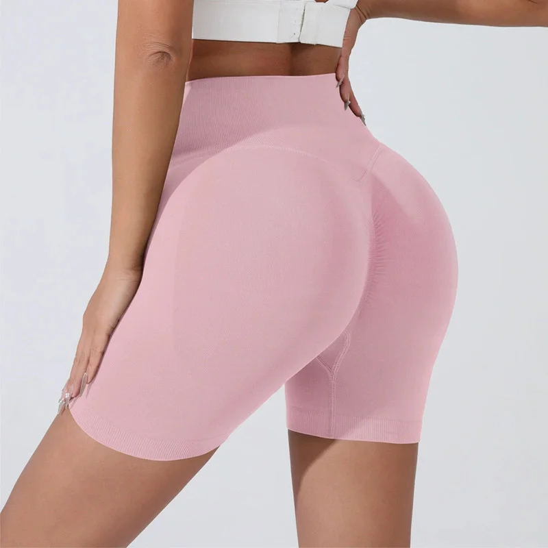 Pantalones cortos deportivos de realce de cadera color melocotón para mujer, pantalones cortos ajustados de tres puntos para adelgazar el vientre, entrenamiento para correr, pantalones de secado rápido