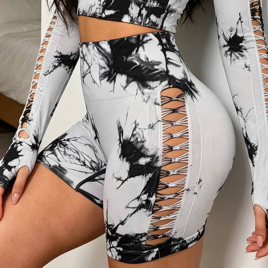 Shorts de yoga sin costuras con efecto tie-dye para mujer, shorts deportivos sexys con corte recortado y realce de glúteos, shorts de gimnasio de cintura alta, shorts de ciclista, ropa deportiva