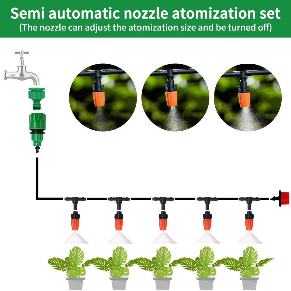 Kit de riego con boquillas antiniebla, sistema de riego automático de plantas con nebulización por pulverización para jardín de 5M-20M con manguera y conector de PE 4/7