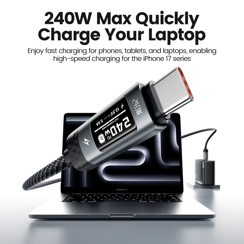 Toocki 240W USB C Cbale carga rápida pantalla Digital OLED PD 3,1 tipo C a USB C cable de datos para Macbook iphone 16 17 Samsung S25