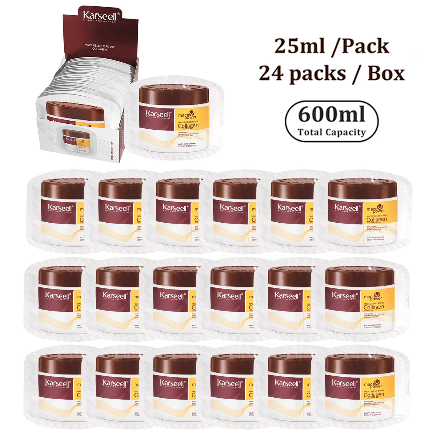 Karseell - 24 Paquetes/Caja de Tratamiento Capilar con Colágeno, Reparación Profunda, Acondicionador, Mascarilla Capilar con Aceite de Argán y Colágeno para Cabello Seco y Dañado