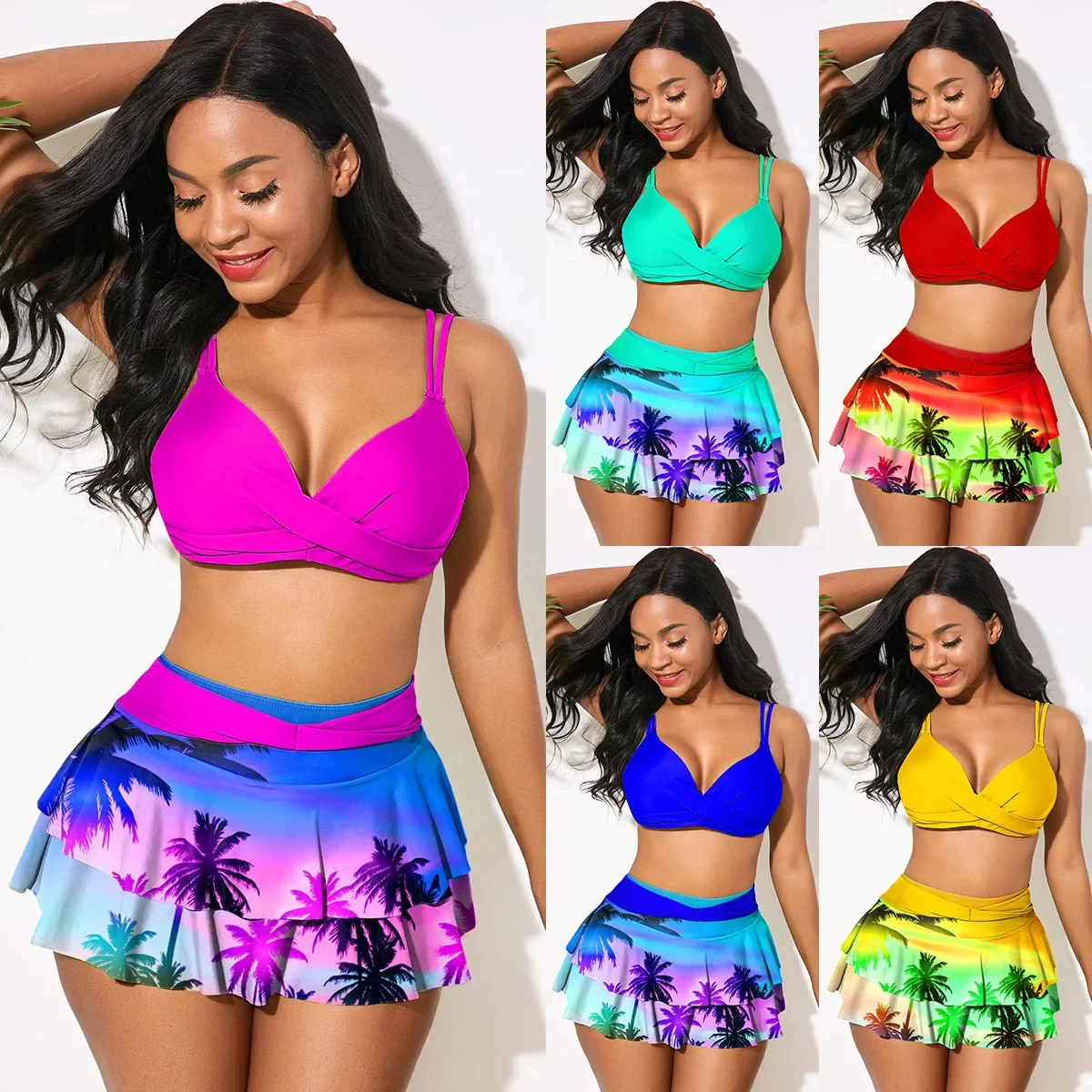Bañador Sexy con volantes para mujer, conjunto de Bikini cruzado ahuecado, traje de baño con estampado de Arce, falda de playa, traje de baño de talla grande