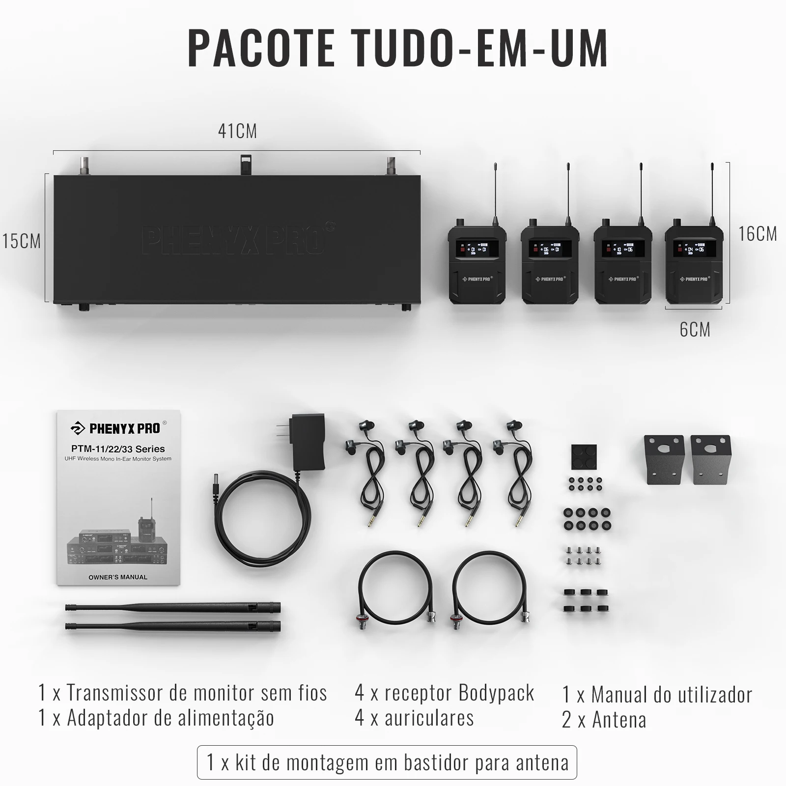 Phenyx Pro Sistema de Monitor intrauditivo inalámbrico Mono, cuatro canales, 500mhz, con 4 salidas de bucle, frecuencias UHF, montaje en Rack para estudio/banda