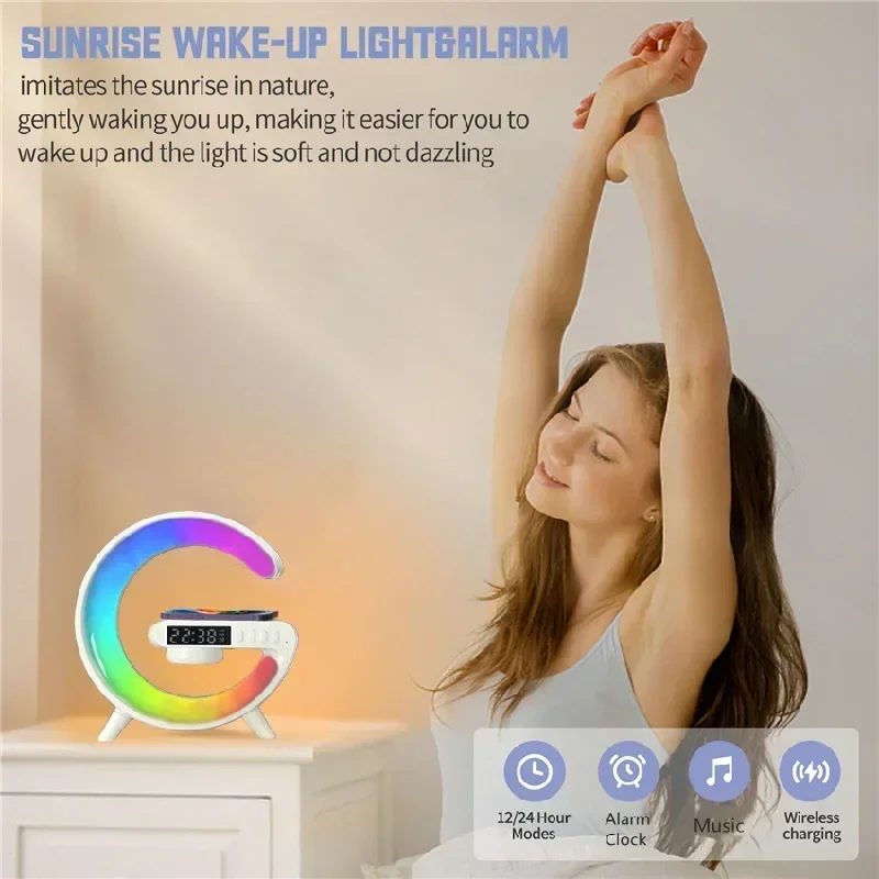 Soporte de cargador inalámbrico multifunción, altavoz despertador con luz RGB para iPhone, Samsung, Xiaomi, Mini estación de carga rápida
