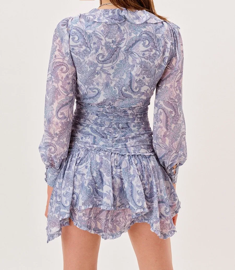 Vestido mini de gasa con estampado floral azul para mujer, con volantes de oreja de madera, cuello en V, botones abiertos, cintura fruncida delgada, manga larga, estilo festivo