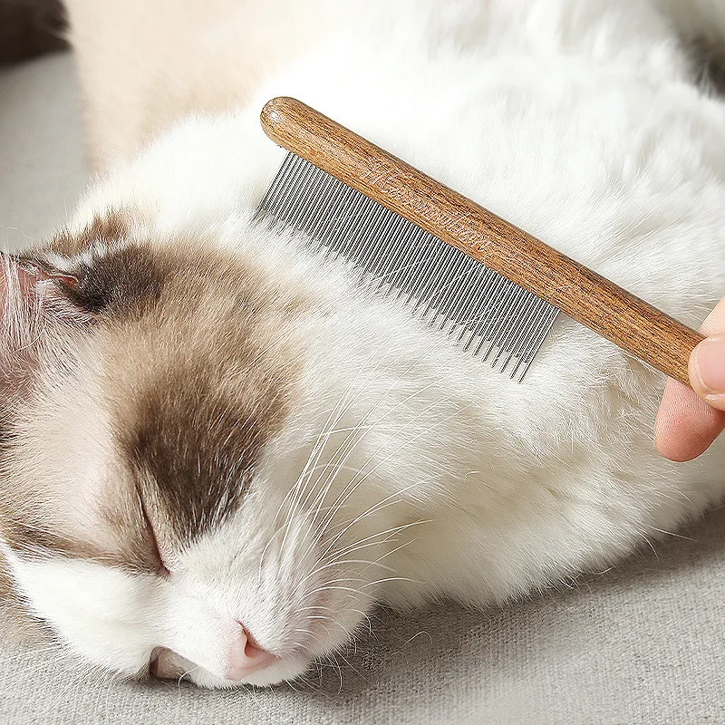Peine para gatos de acero inoxidable con mango de madera, removedor de pelo de mascotas, cepillo de masaje para perros, herramienta de limpieza, suministros para mascotas