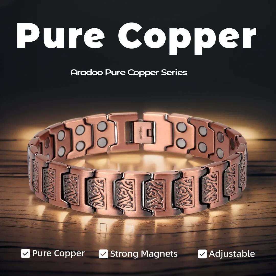 ARADOO Pulsera de cobre para hombre, pulseras de eslabones magnéticos 100% de cobre puro, regalo de joyería con herramienta de ajuste de tamaño