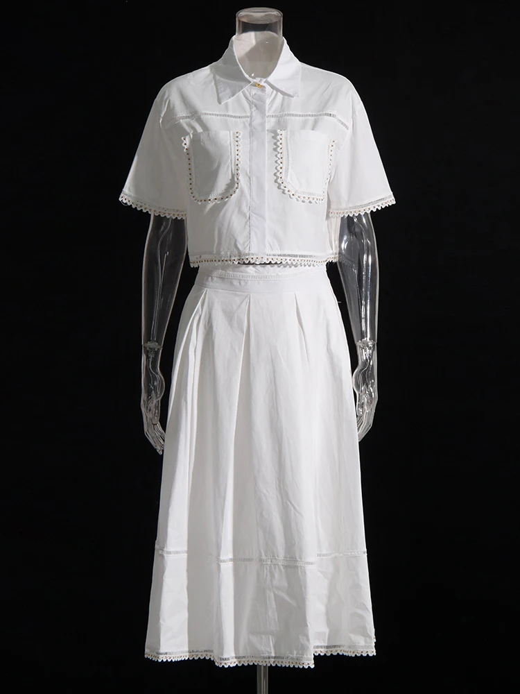 TWOTWINSTYLE, conjuntos lisos de dos piezas de verano para mujer, Tops de manga corta con solapa, falda acampanada de cintura alta, conjunto ajustado, moda femenina nueva