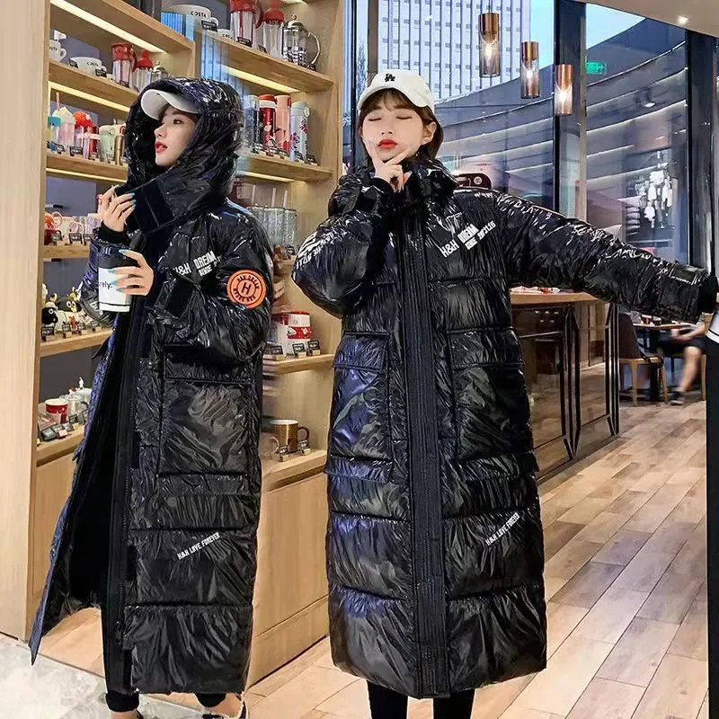 Abrigo Largo Casual con Capucha para Mujer, Negro Brillante, Estilo Parker, Cálido, Grueso, de Algodón con Relleno de Plumón, Resistente al Viento y a la Lluvia, para Invierno