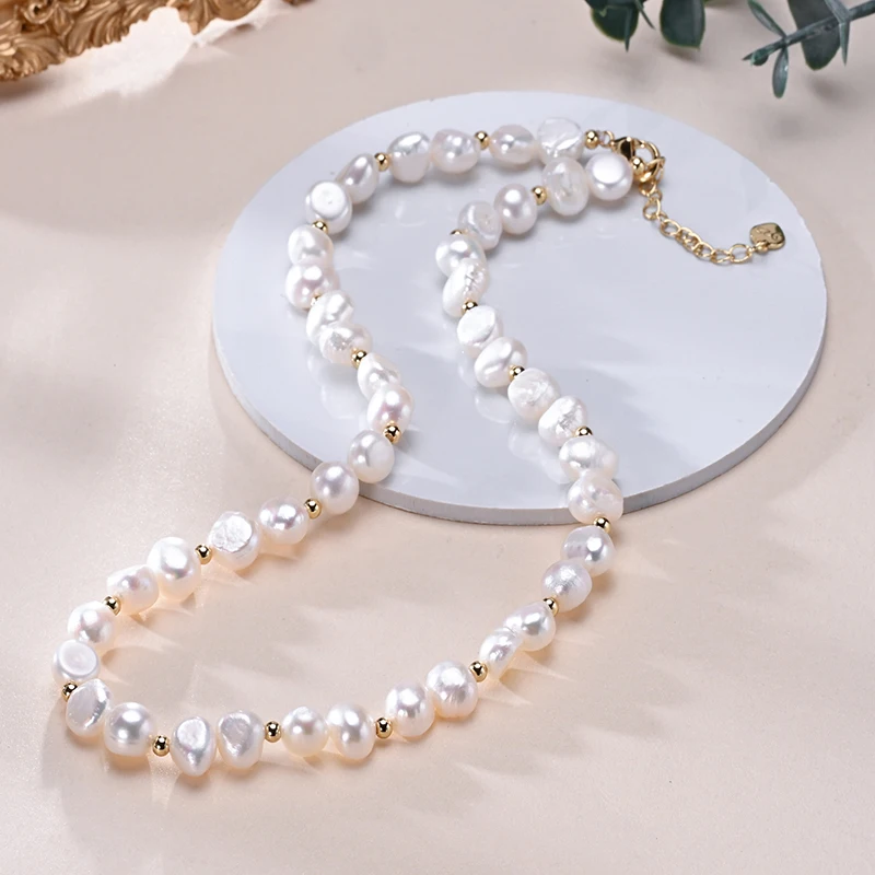 Collar de perlas naturales de agua dulce con forma barroca, cuentas pequeñas doradas, cadena de plata de ley S925, joyería de moda, regalos para mujer