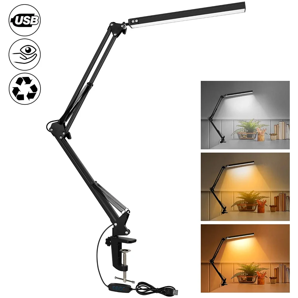 Lámpara de Escritorio LED de 10W con Pinza, Brazo Oscilante Ajustable, Luz de Mesa Regulable, 3 Modos de Color, 10 Niveles de Brillo, Cuidado de la Vista, USB, para Lectura