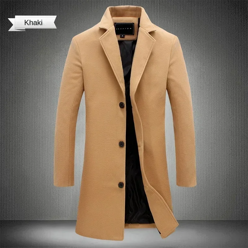 Abrigo largo de algodón para hombre, chaqueta cortavientos ajustada informal de negocios de Color puro de mezcla de lana para otoño e invierno, ropa de moda para hombre 2025