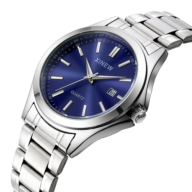 Relojes genuinos de marca XINEW para hombres, moda informal para estudiantes, banda completa de acero inoxidable, reloj de pulsera de cuarzo con fecha Simple, reloj Vintage plateado