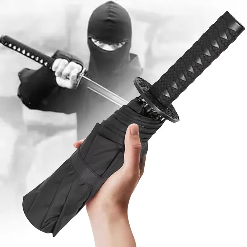 Paraguas plegable de espada Ninja a prueba de viento, sombrilla de bloque UV, Demon Slayer, Katana japonesa Real, Samurai Sabre, sombrilla negra