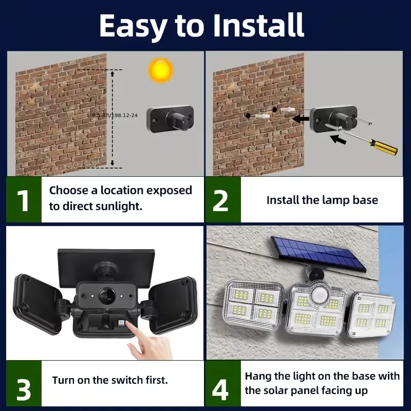 Paquete de 1 lámpara con sensor de movimiento para exteriores, luz de energía solar de 4 cabezales, luz solar de 122 LED, luces de inundación, 3000 lúmenes, 270 °   Gama de iluminación