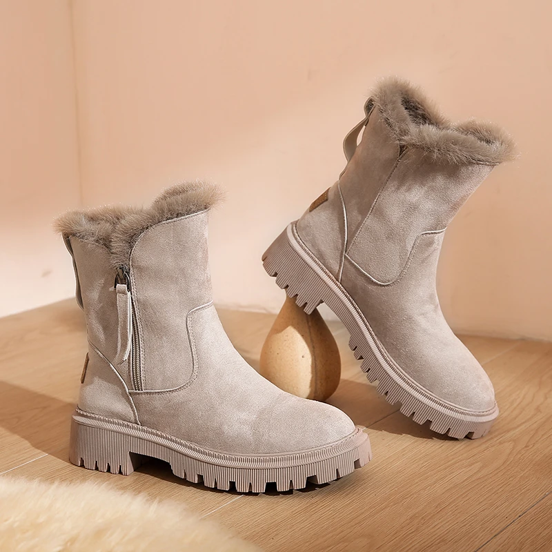 Nuevas botas de nieve para Mujer, botas de plataforma de diseñador a la moda cálidas de invierno, zapatos planos de felpa cortos antideslizantes, zapatos de gamuza para Mujer