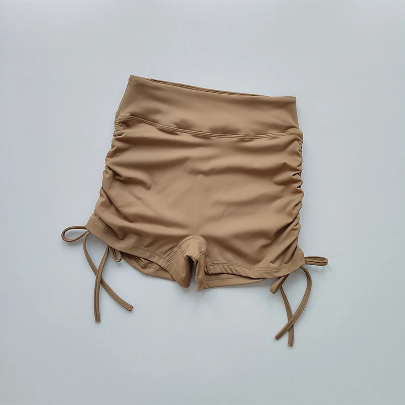 Pantalones cortos deportivos sexis de cintura alta con correas con cordón, pantalones de tres piezas para correr de secado rápido, pantalones deportivos para glúteos color melocotón para mujer