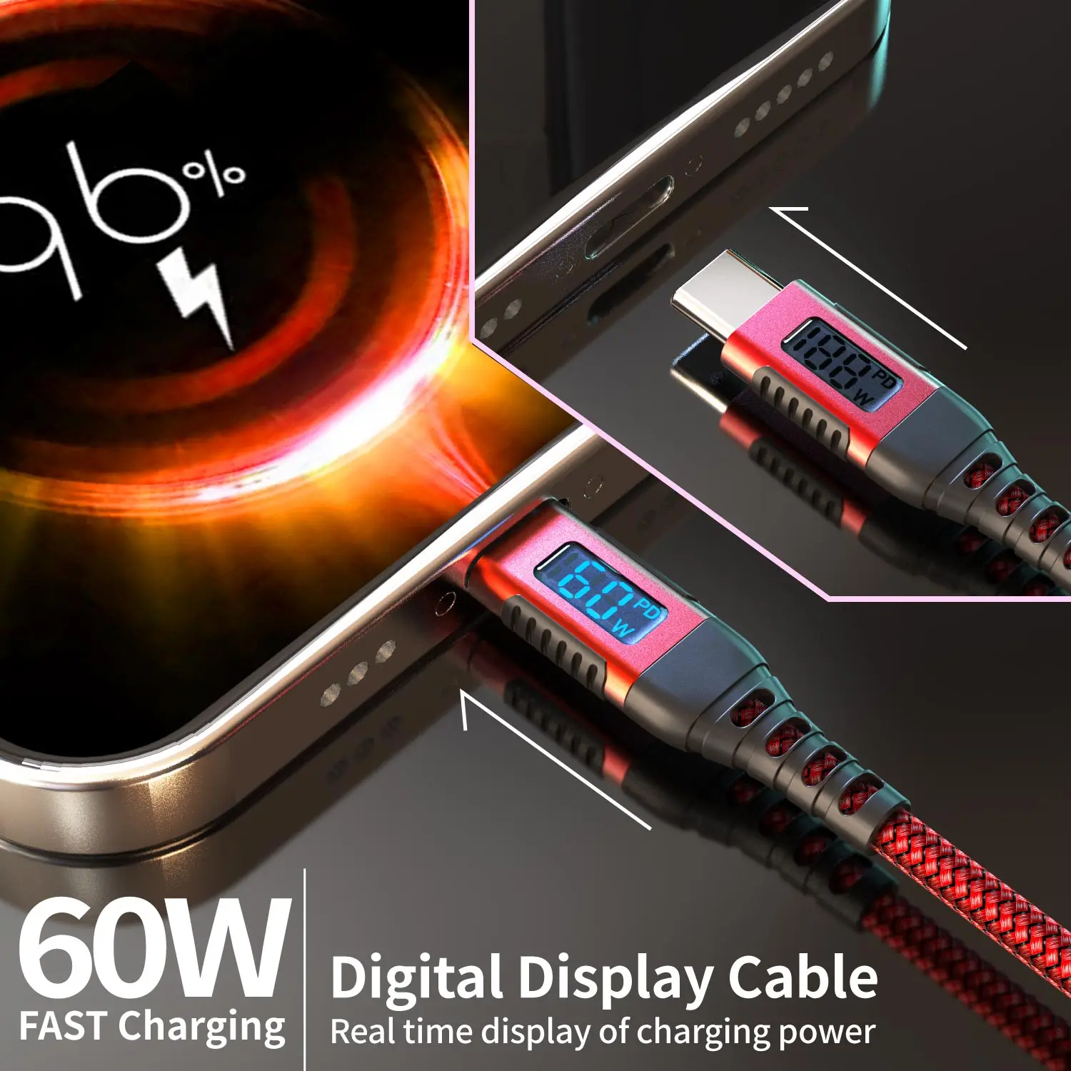 Cable de Carga Rápida USB-A a Tipo-C de 60W para iPhone 17/16/15 Pro Max, iPad Pro, Galaxy S24/S23, Switch, MacBook Air