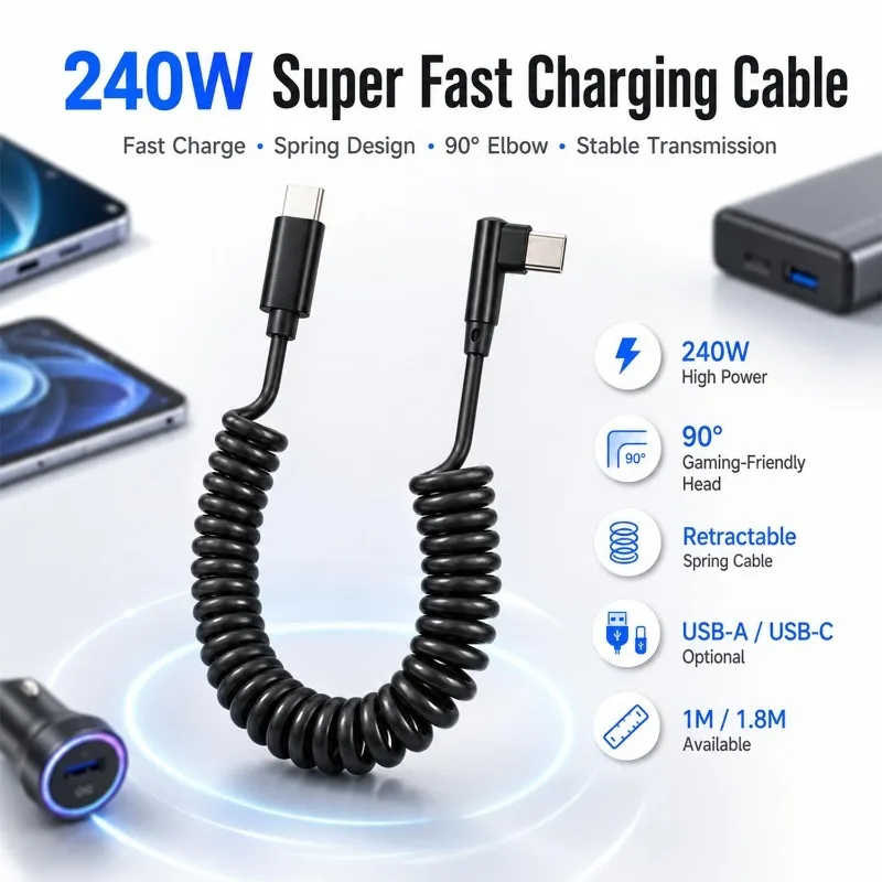 Cable de datos extensible de 240W con resorte corto, USB A a Tipo C, cable de carga rápida para iPhone, Samsung, Huawei, cable cargador de teléfono.