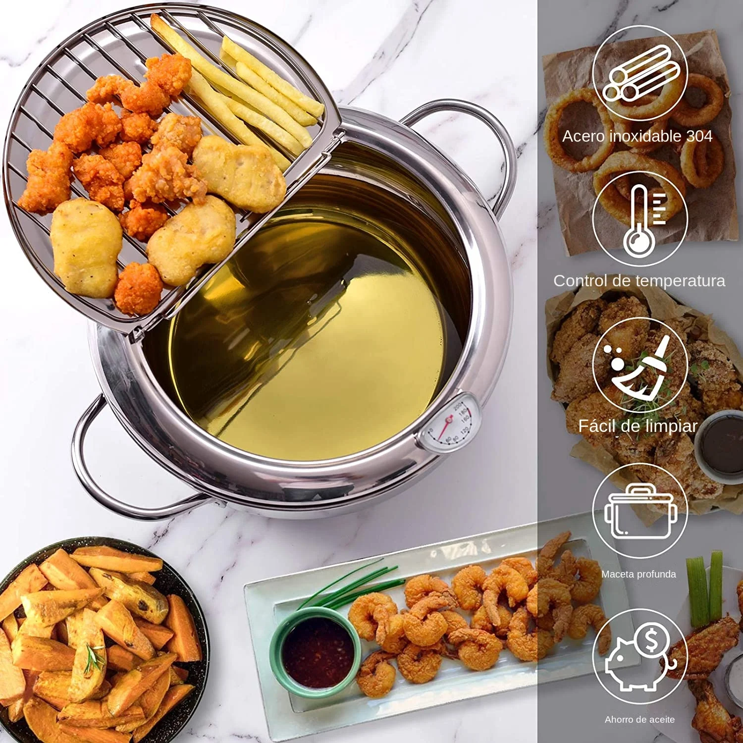LMETJMA-Sartén japonesa con termómetro y tapa, sartenes de acero inoxidable 304 para cocina, freidora tempura de 20 y 24 cm, KC0405