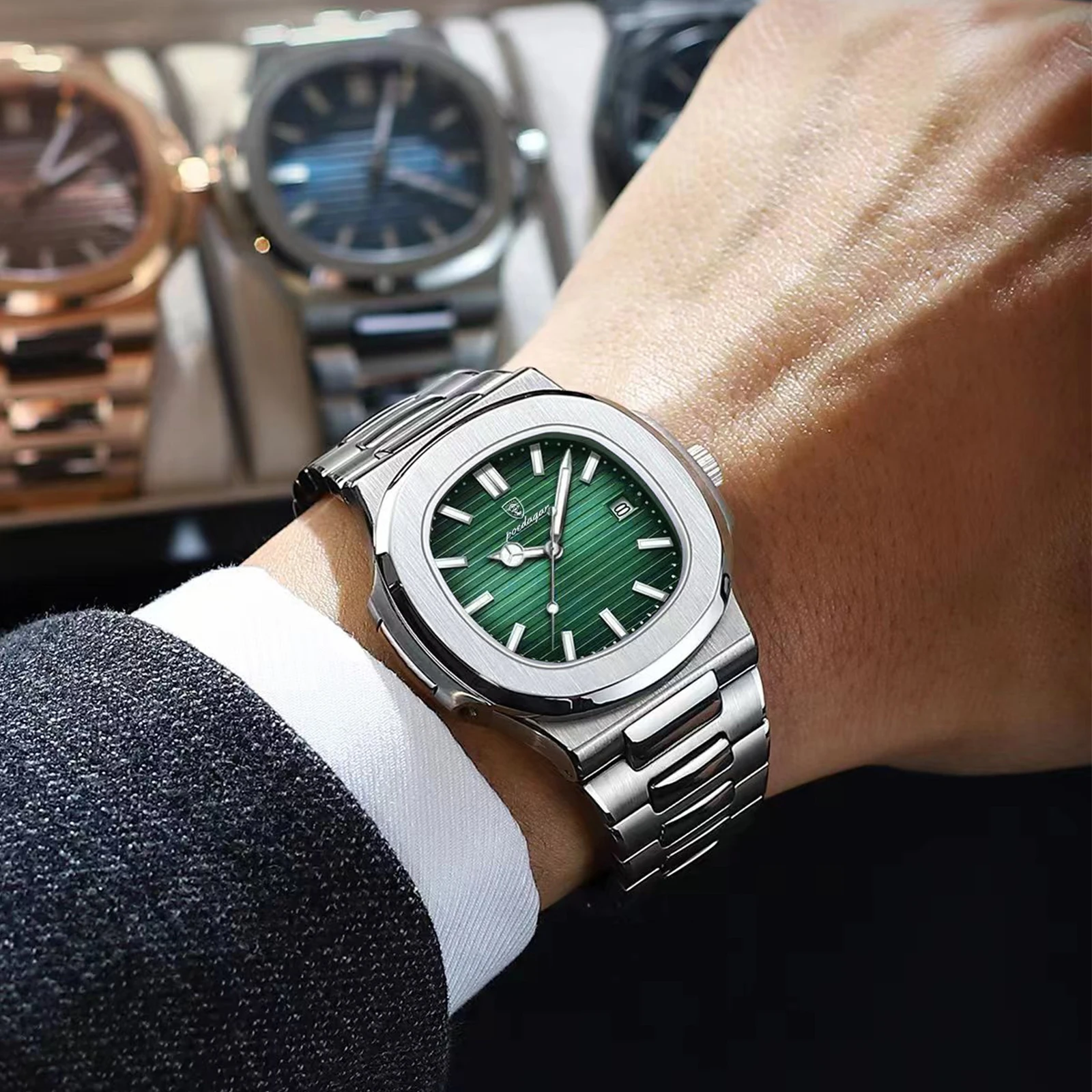 Reloj de pulsera POEDAGAR Original cuadrado para hombre con fecha resistente al agua reloj luminoso de acero inoxidable para hombre relojes de cuarzo de negocios a la moda para hombre