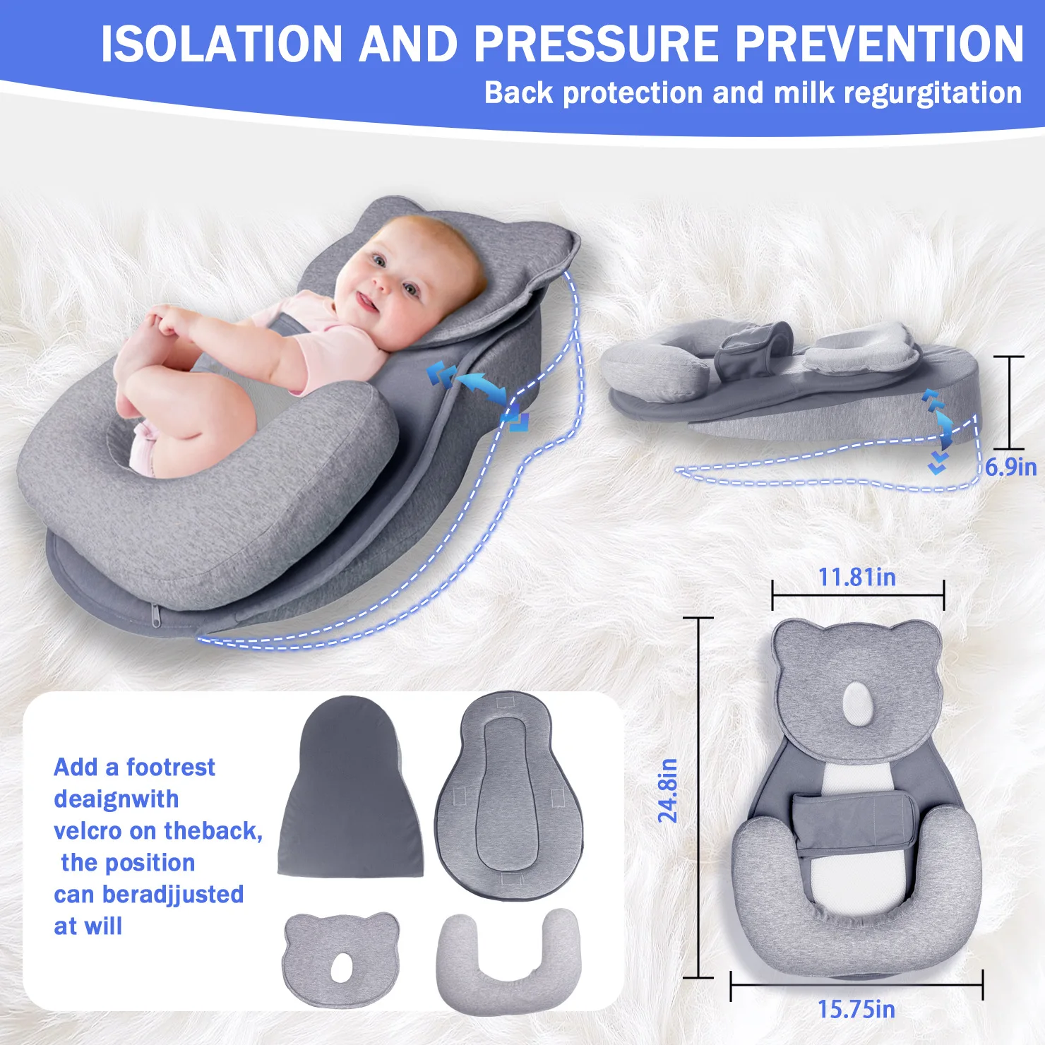 Almohada antialto para recién nacidos, cojín de soporte seguro desmontable para cunas, cochecito o uso en cama con almohada