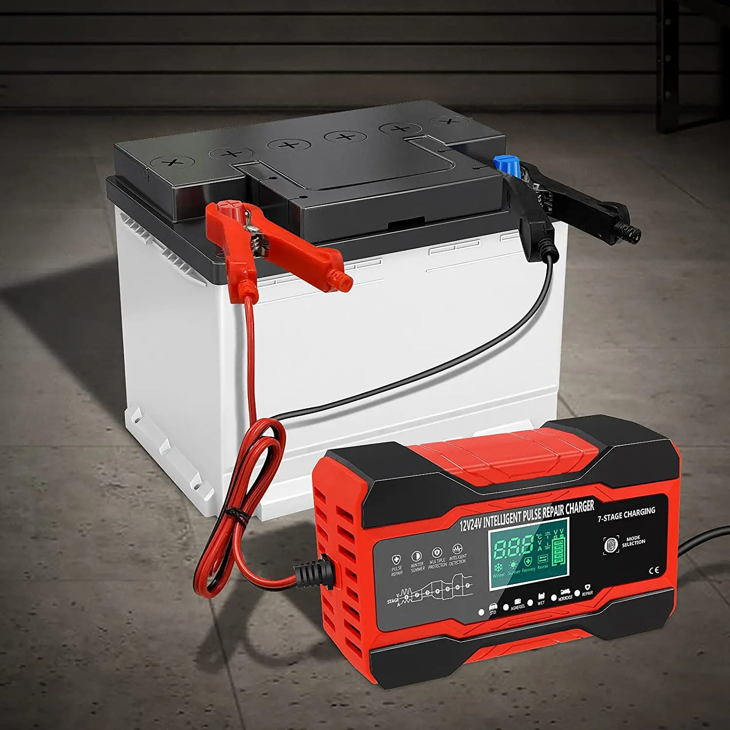 Cargador de batería de coche de 12V-24V, completamente automático, 12V, 10A, cargador de batería de coche Digital, reparación de pulso para AGM GEL, ácido de plomo húmedo