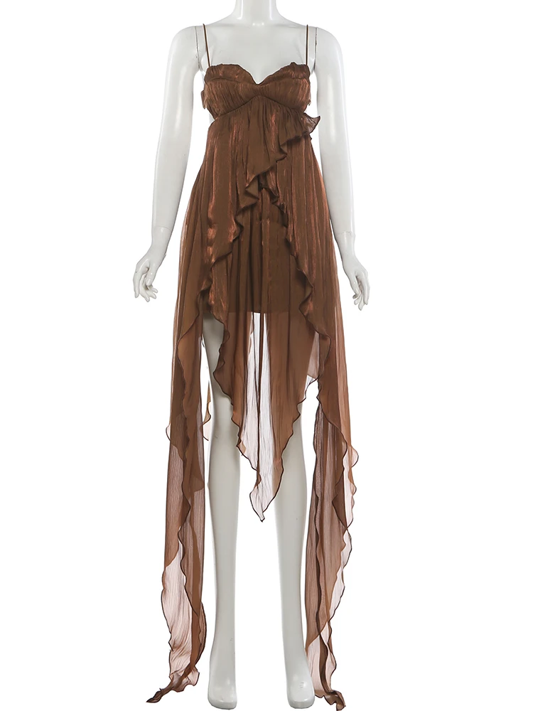 Vestido Maxi Irregular con Volantes y Borlas para Mujer, sin Espalda, sin Mangas, Escote Bajo, Elegante para Fiesta de Cumpleaños