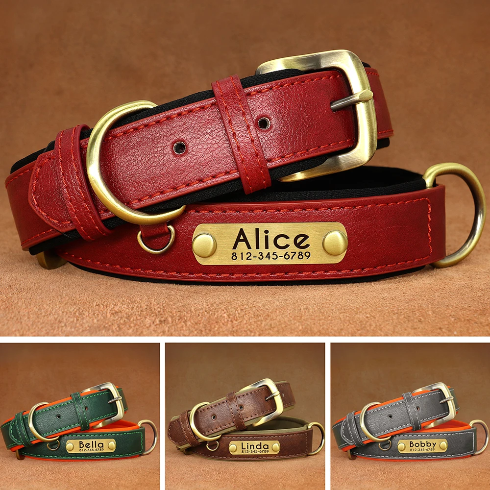 Collar de perro acolchado de cuero PU personalizado, placa de identificación personalizada, Collar para mascotas para perros pequeños y medianos, accesorios de collares duraderos