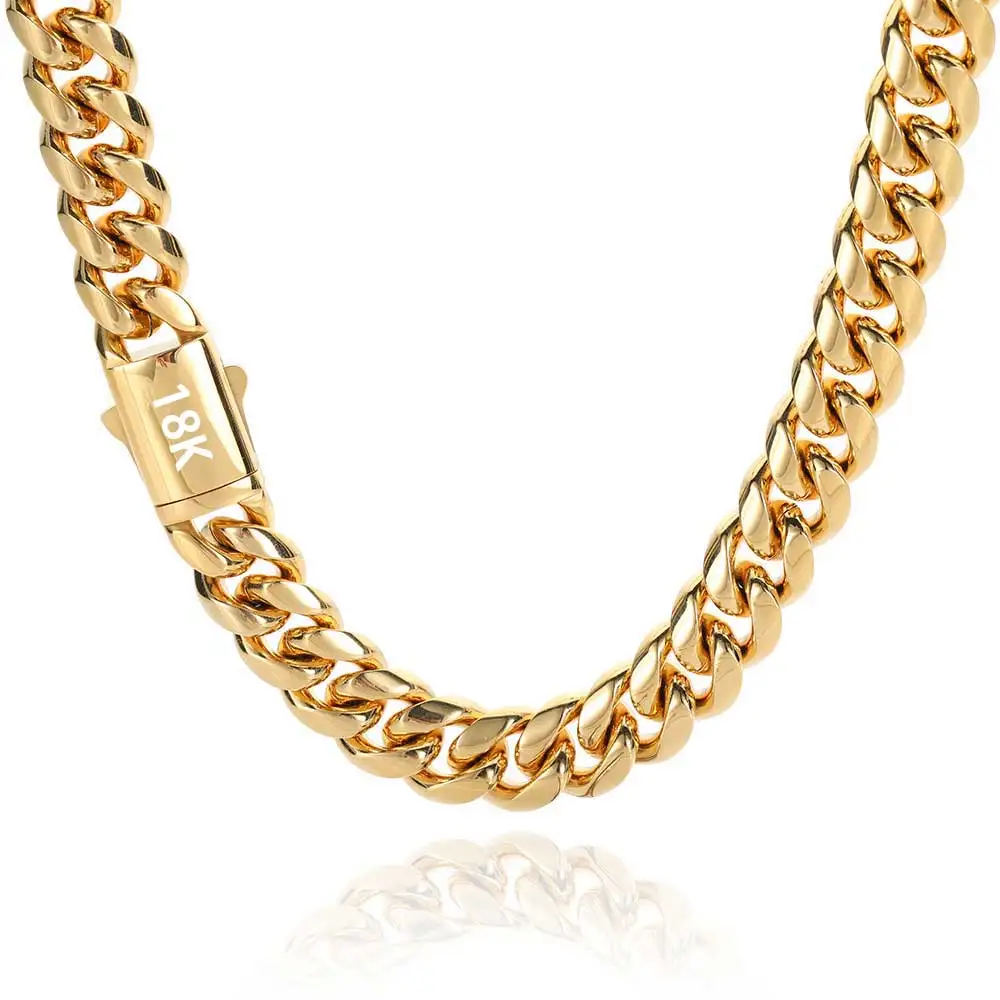 Cadena Cubana de Acero Inoxidable de Alta Calidad, Color Dorado, Ancho de 8-14 mm, Resistente al Agua, para Hombre y Mujer, Collar de Eslabones, Varios Tamaños