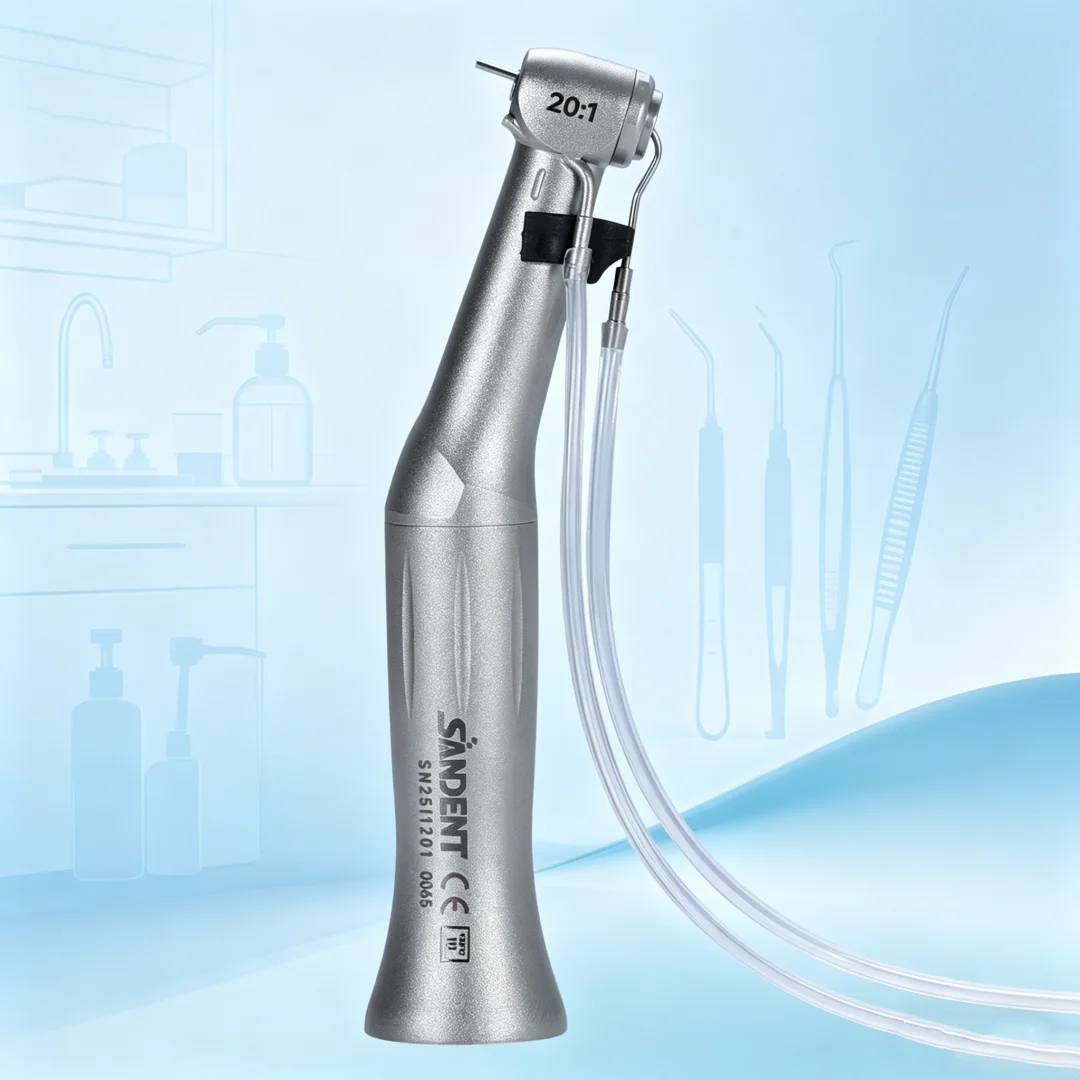 SANDENT 20:1 Contra-ángulo dental para implantes con botón pulsador, spray externo, compatible con motor tipo E