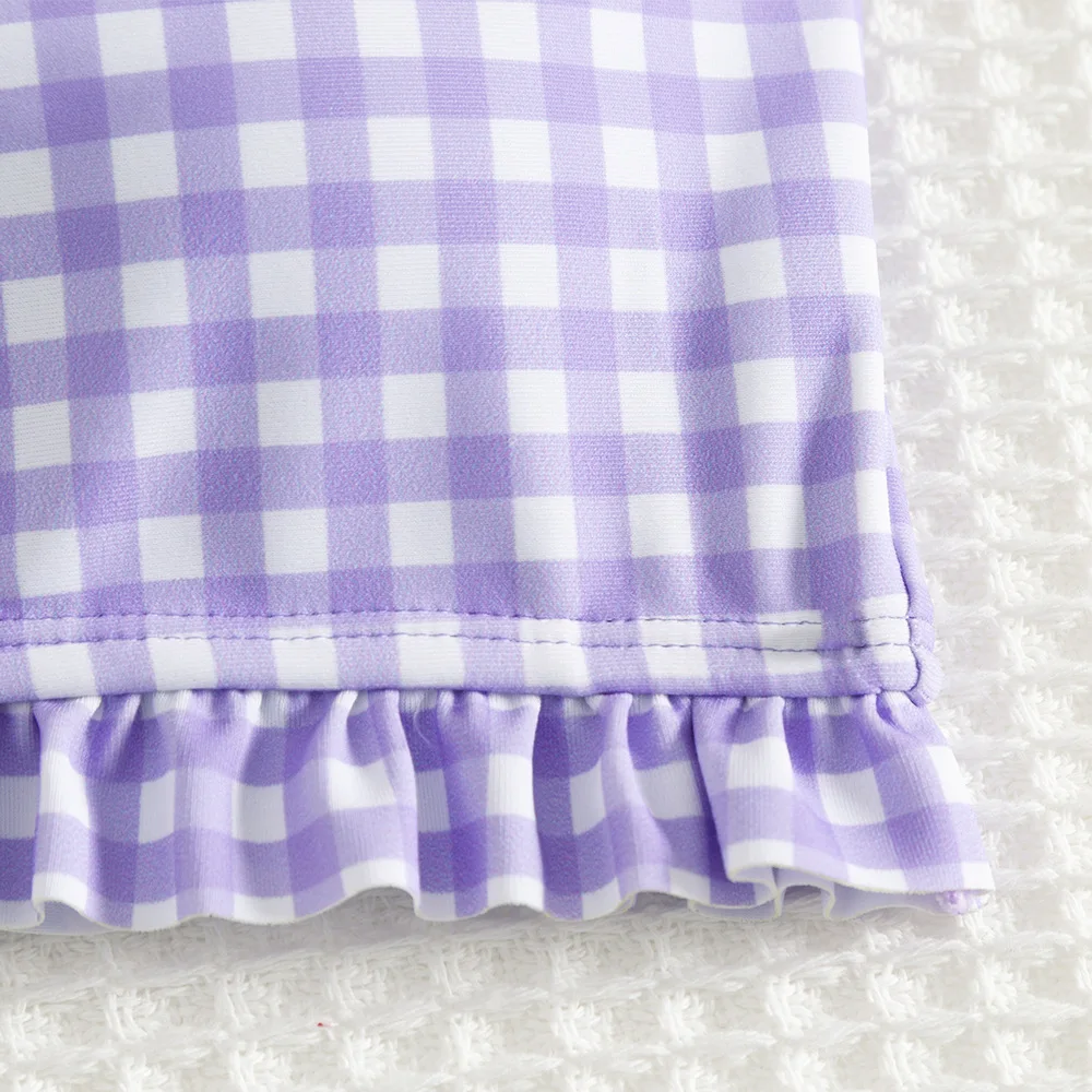 Nuevo traje de baño dividido de verano para niñas, conjuntos de Bikini de 5 a 14 años, traje de baño de cintura alta a cuadros morados para niñas, traje de baño