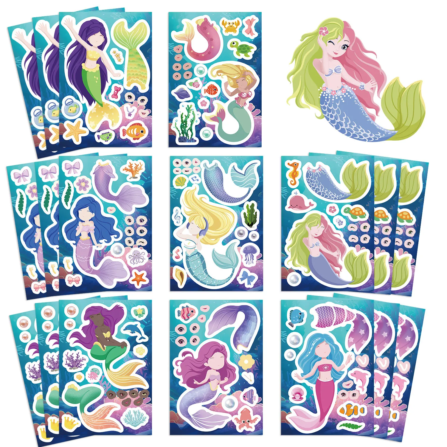8/16/24 Uds. Pegatinas de rompecabezas de princesa sirena bonita para hacer una cara juguetes DIY para niños pegatinas de ensamblaje regalos de recuerdo de fiesta
