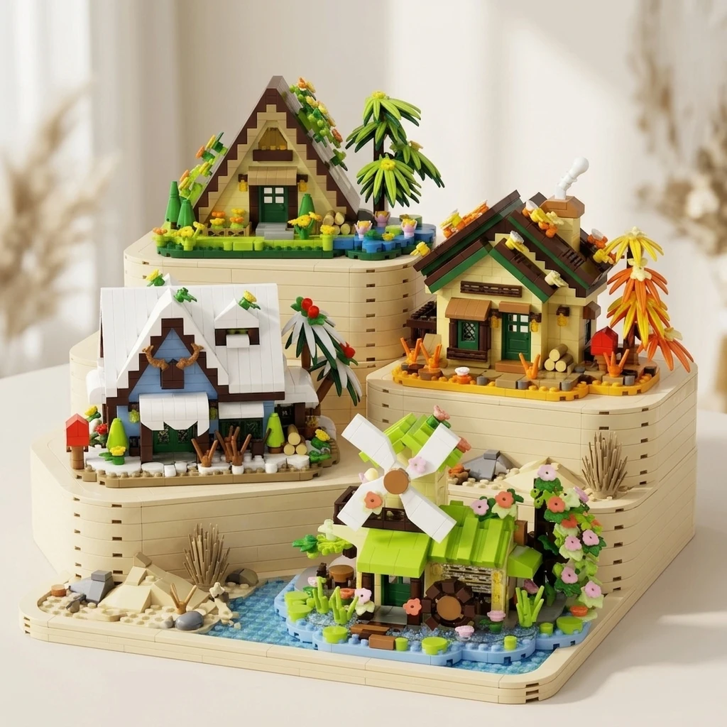 Set de Mini Bloques de Construcción Cabaña en el Bosque, Invernadero, Molino de Viento, Casa del Árbol, Modelo DIY, Juguetes de Decoración con Vista a la Ciudad