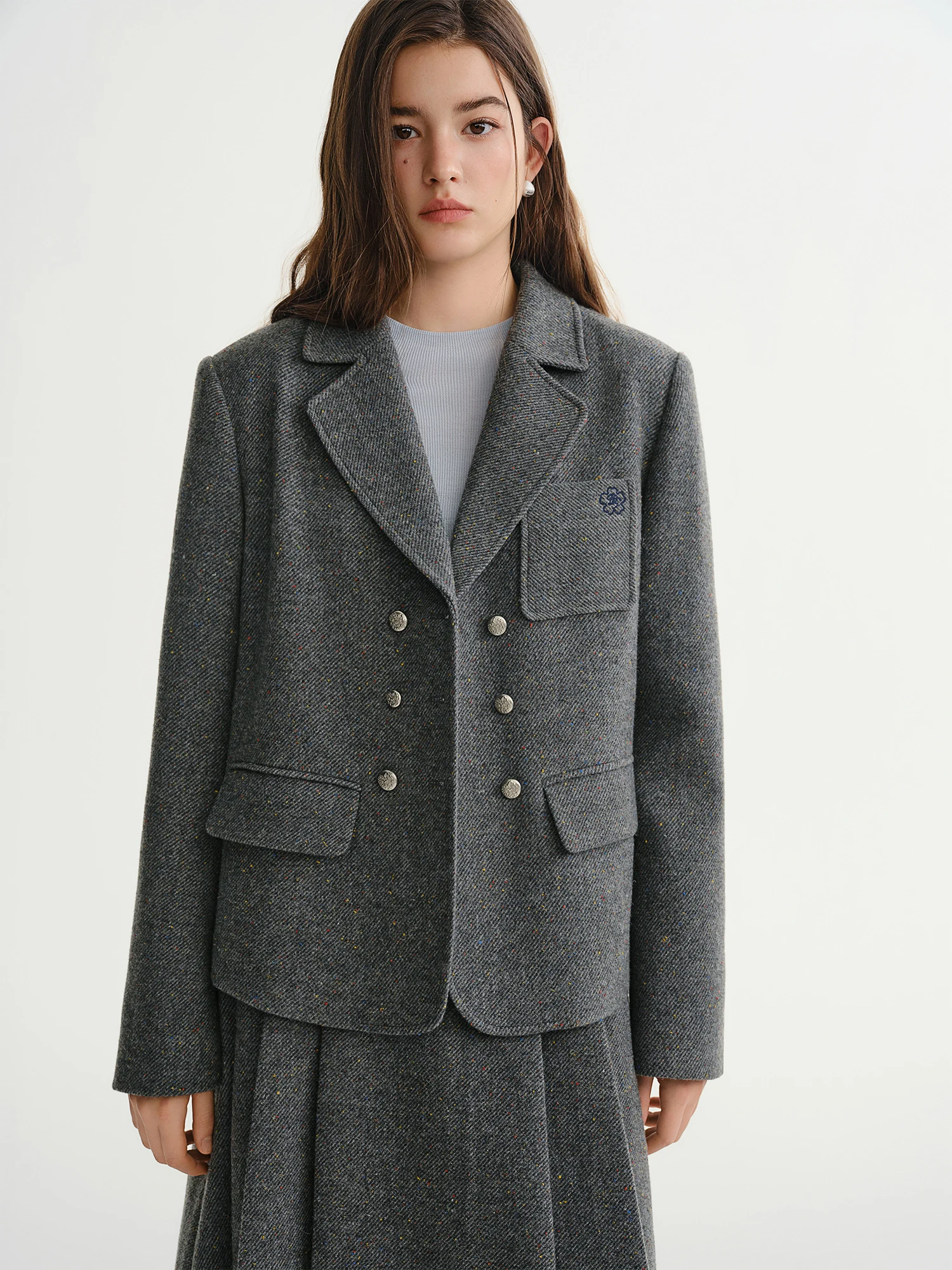DUSHU-traje de lana de sarga con puntos coloridos para mujer, estilo universitario Retro, Blazers holgados, Falda plisada acampanada, conjuntos de dos piezas para ir al trabajo BF
