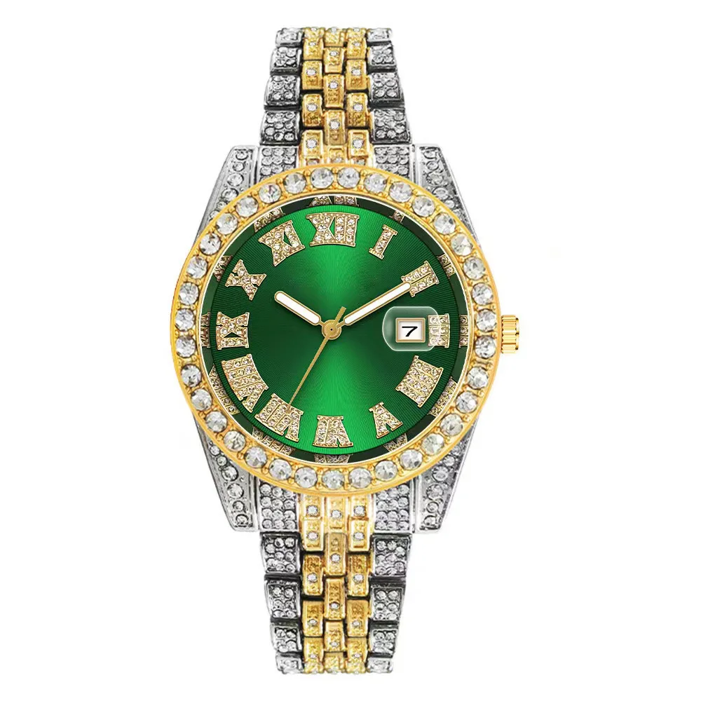Reloj con calendario de Color dorado de acero inoxidable Hip Hop de lujo para Hombre, Reloj con diamantes de imitación pavimentados helados, Reloj para Hombre
