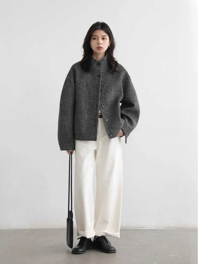 CHIC VEN-abrigo corto de lana para mujer, chaqueta con textura de sarga de un solo pecho, prendas de vestir Retro para mujer, Otoño Invierno 2025