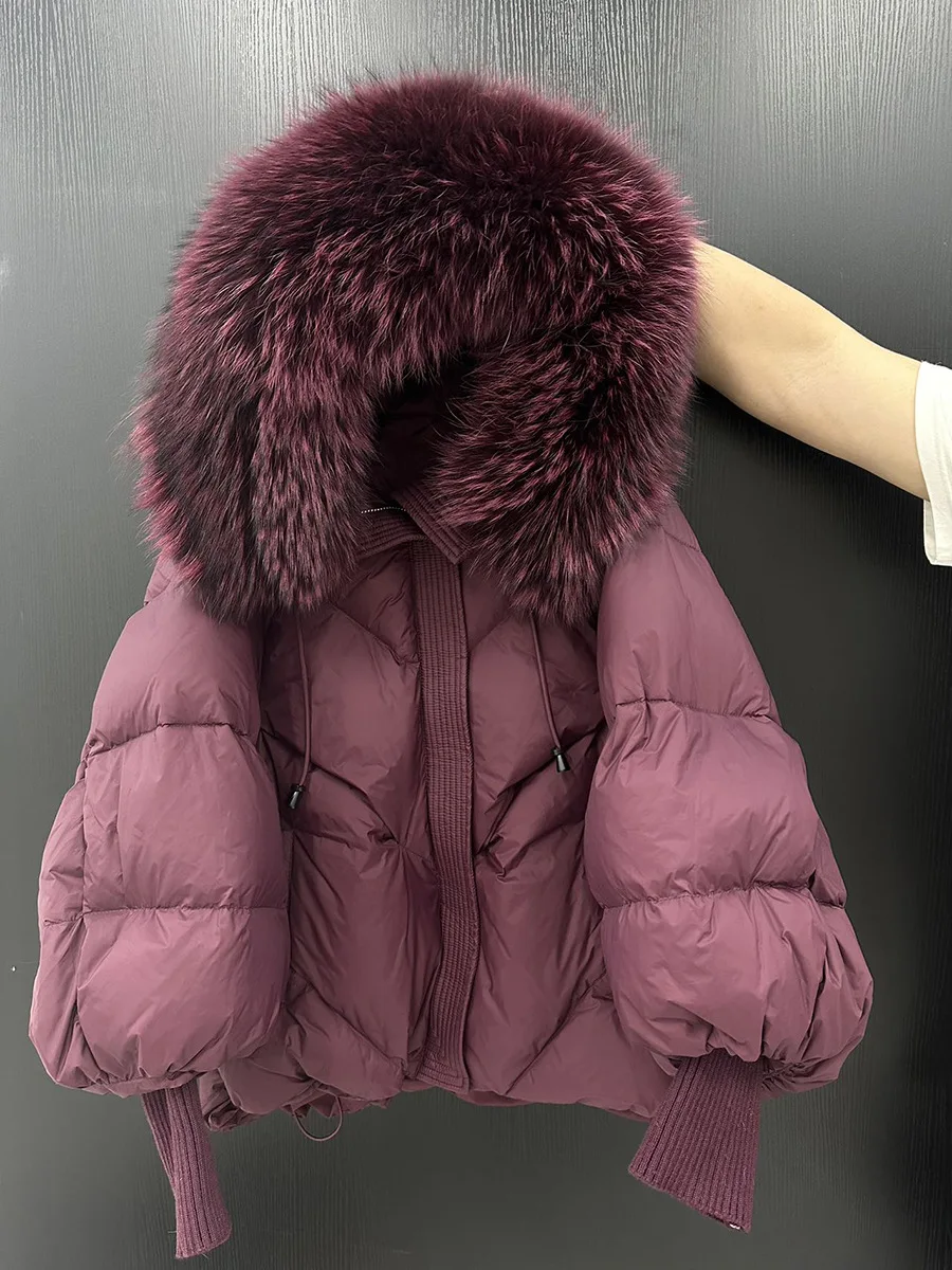 Chaqueta de invierno con capucha y cuello de piel grande Natural para mujer, prendas de vestir cortas de plumón de pato blanco, chaqueta acolchada cálida con manga acampanada para mujer