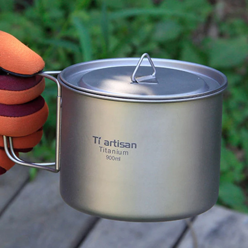 Tiartisan-taza de titanio para acampar, vajilla portátil con tapa, mango plegable, utensilios de cocina para Picnic al aire libre, Ta8316, 900ml