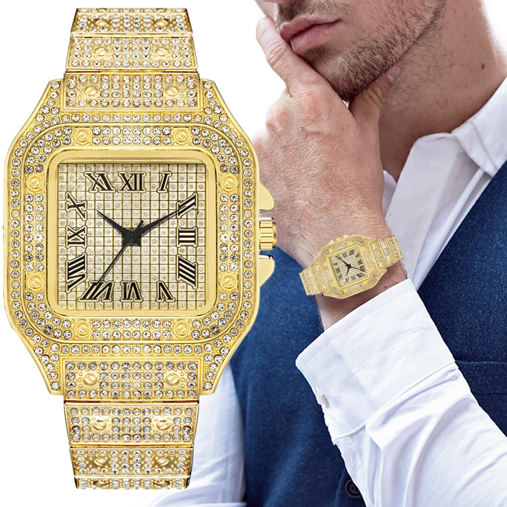 Relojes de negocios cuadrados de lujo para hombre, correa de acero, esfera romana, reloj de cuarzo con diamantes de imitación, reloj de pulsera masculino, reloj Masculino