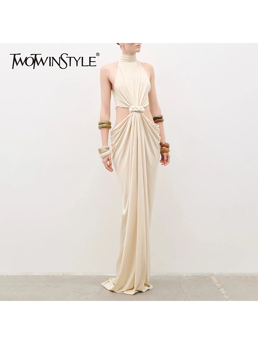 TWOTWINSTYLE, vestidos largos lisos ahuecados con nudo empalmado a la moda para mujer, vestido fruncido de retazos sin mangas con cuello alto para mujer