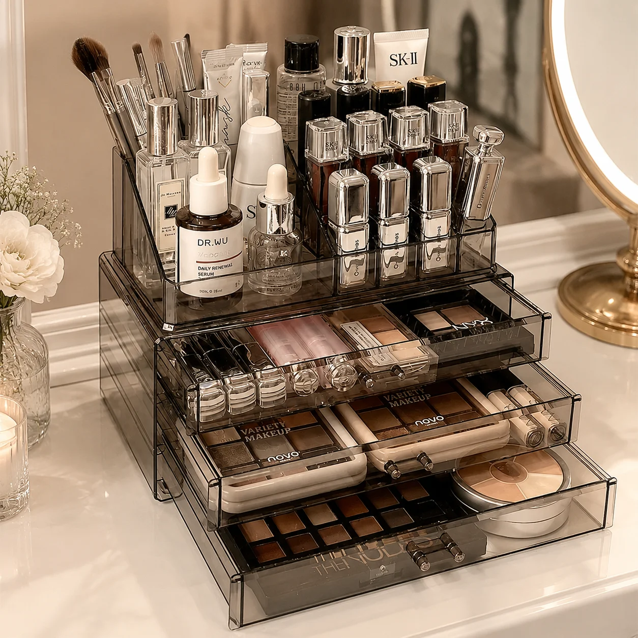 Organizador de Maquillaje Acrílico con Cajones, Caja de Almacenamiento de Cosméticos, Tocador, Soporte para Pinceles de Labios y Cuidado de la Piel, Cajones para Dormitorio y Baño