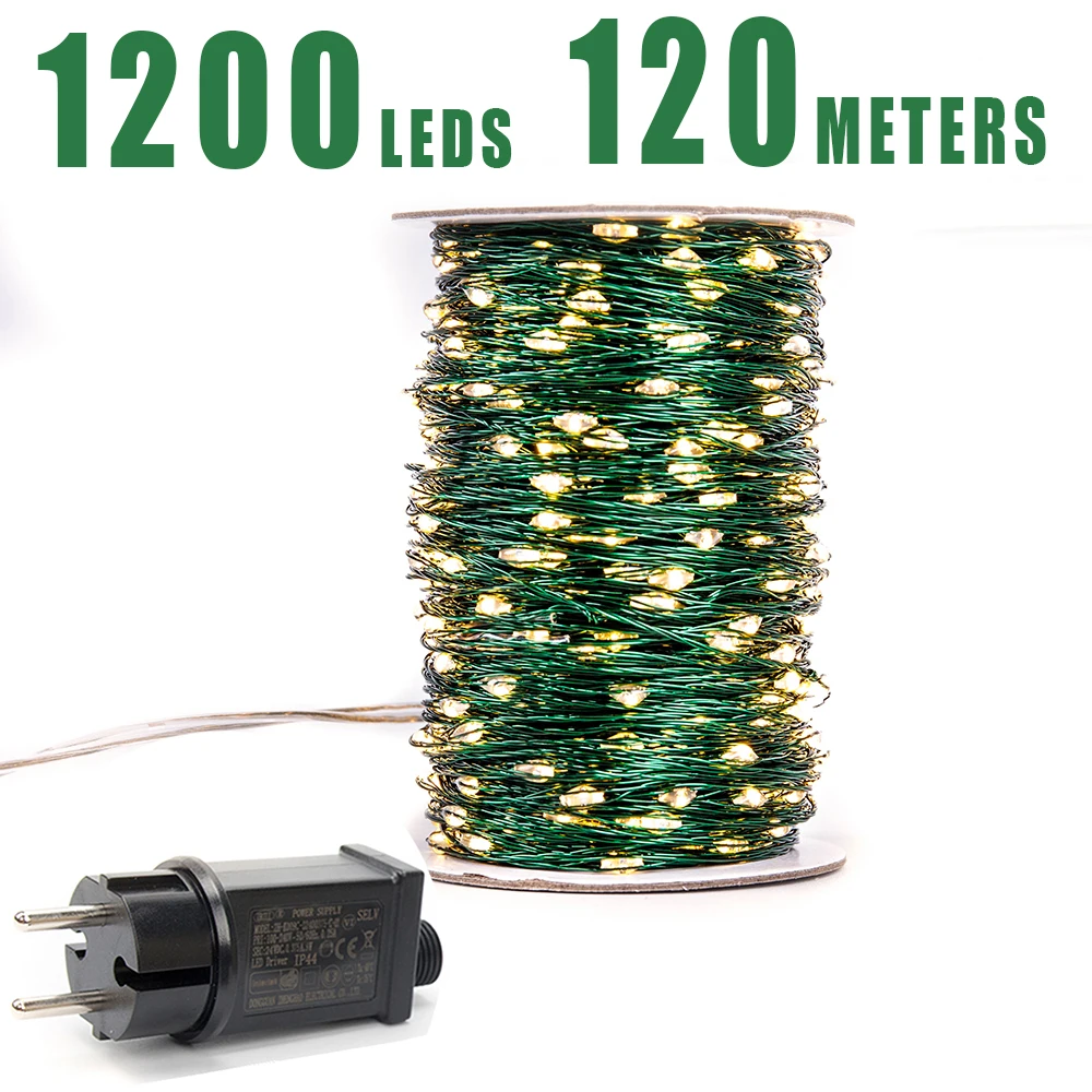 Guirnalda de luces LED con Cable verde, guirnaldas navideñas para exteriores, guirnalda de árbol impermeable, decoración navideña para vacaciones